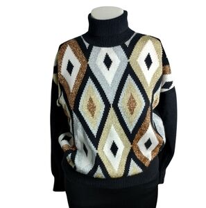 Vintage 80s Womens Medium Richard & Company Turtleneck Metallic Diamond Preppy‎